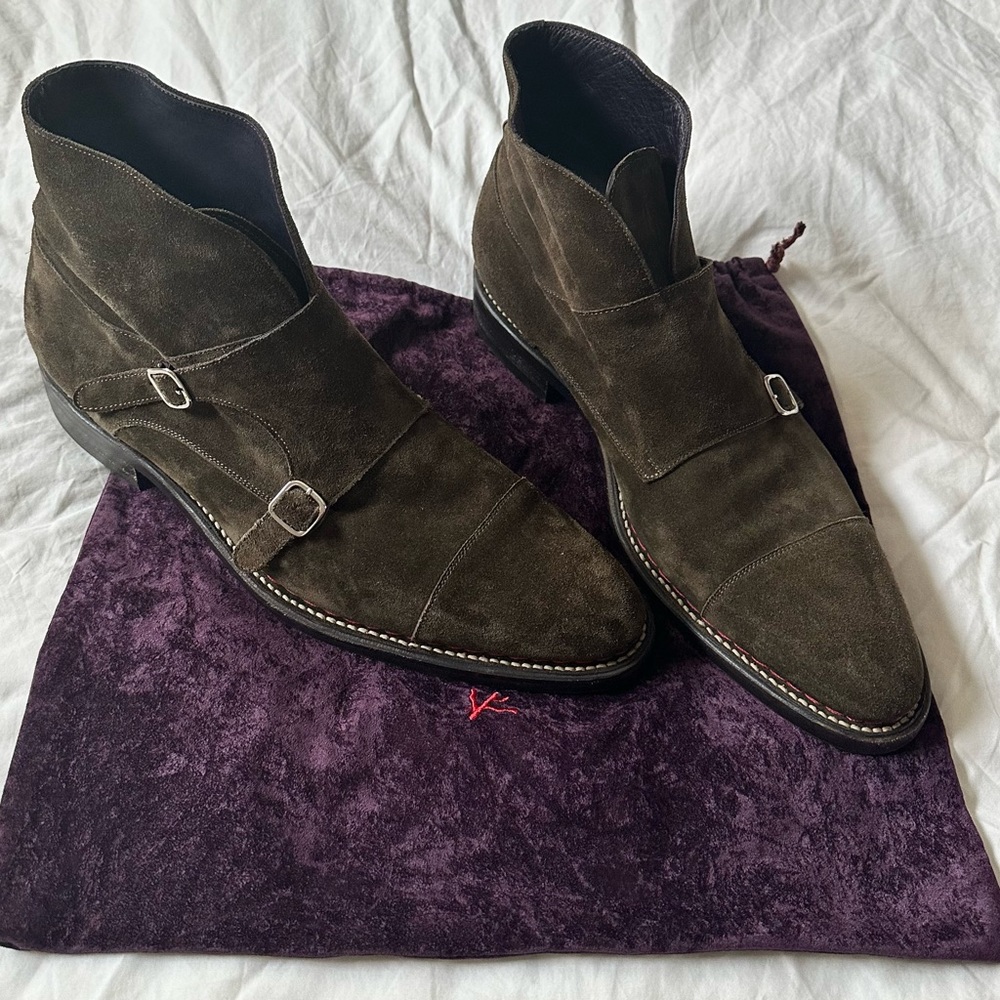 Isaia Napoli Suede Double Monkstrap Boots Hand Made In Italy